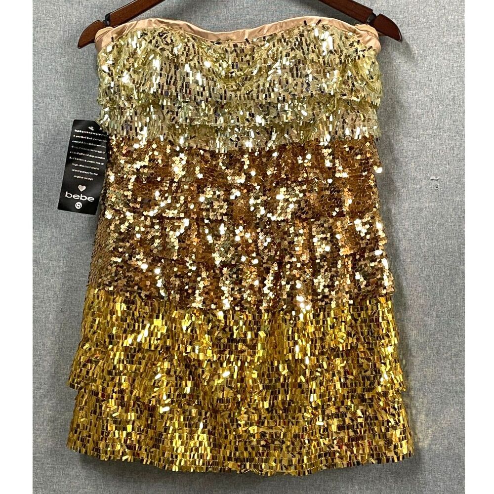 Bebe Tina Gold Sequin Strapless Mini Dress NWT Medium Cocktail Party Size Medium